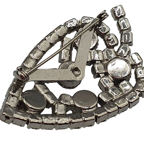 VTG Brooch MCM RhodiumPlated PotMetal Leaf Rhinestone Bridal Glam Estate Jewelry - Picture 9 of 9